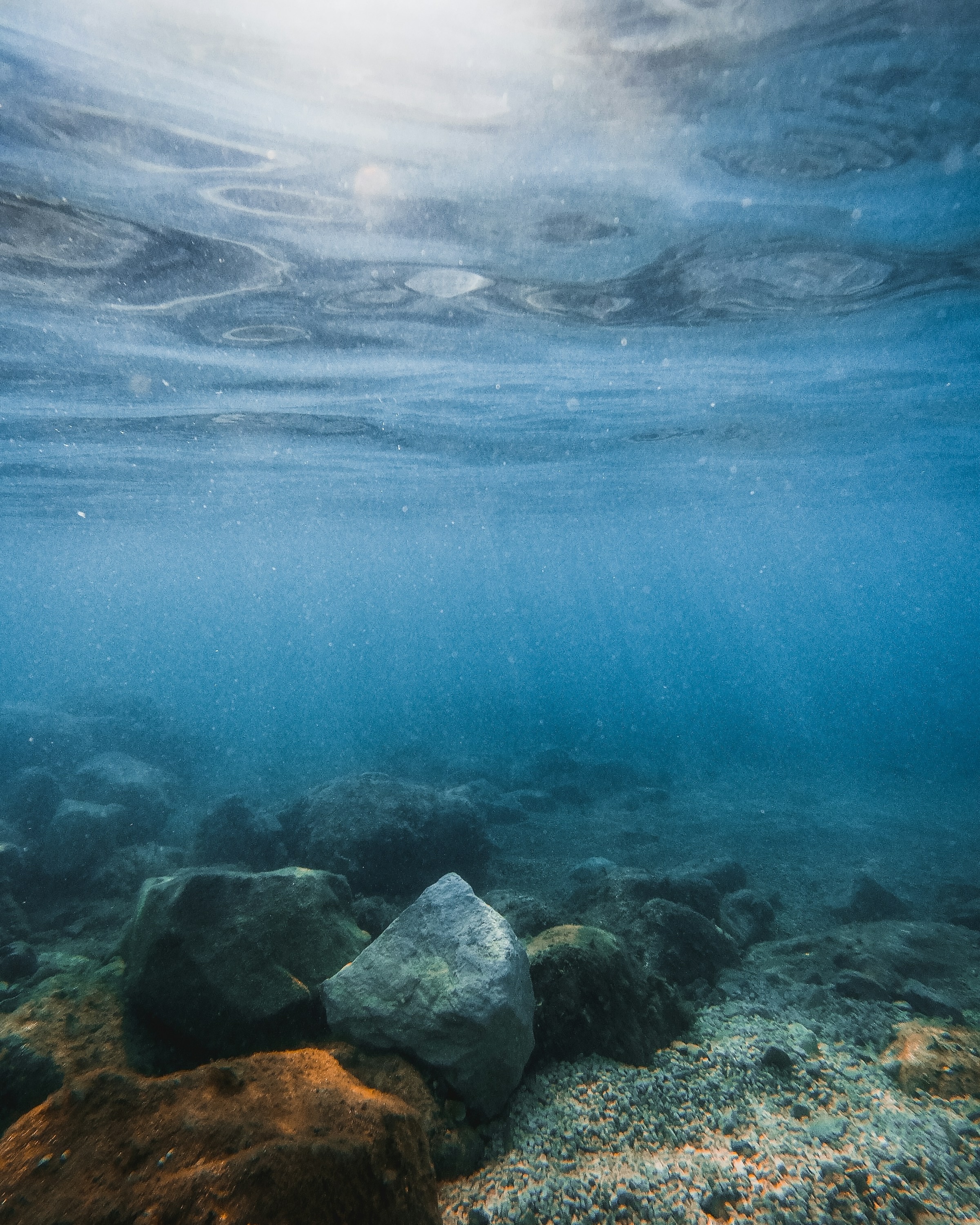 Underwater view looking up through clear blue water with light filtering through